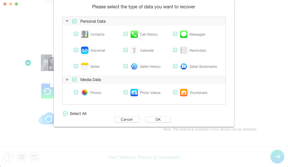 選擇要從iOS 設備掃描的資料類別